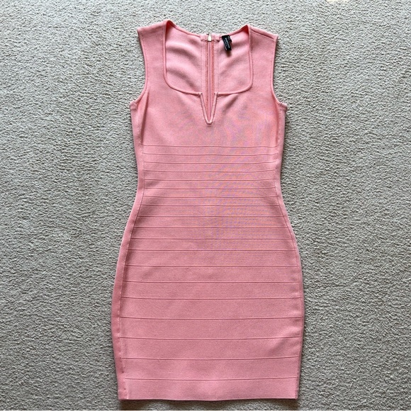 MARCIANO LA Salmon Pink BodyCon BANDAGE Short DRESS Sleeveless Square Neck Sz M - Picture 1 of 16